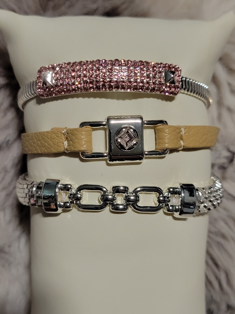 Delicate Pink Crystal & Beige Leather Bracelet Set
